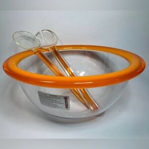 1980s Guzzini Italian Lucite Acrylic Salad Bowl with Orange Rim & Utensils